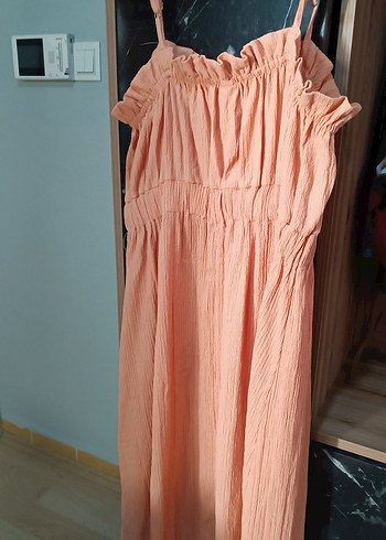 H&M Pembe Pilili Keten Uzun Straplez Elbise