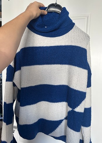 Kadın Mavi Gri Çizgili Boğazlı Triko Kazak - Görsel 2