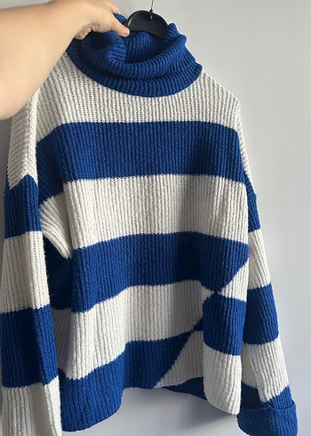 Kadın Mavi Gri Çizgili Boğazlı Triko Kazak - Görsel 4