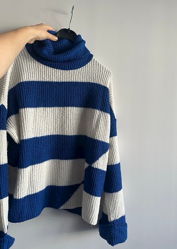 Kadın Mavi Gri Çizgili Boğazlı Triko Kazak - Görsel 5