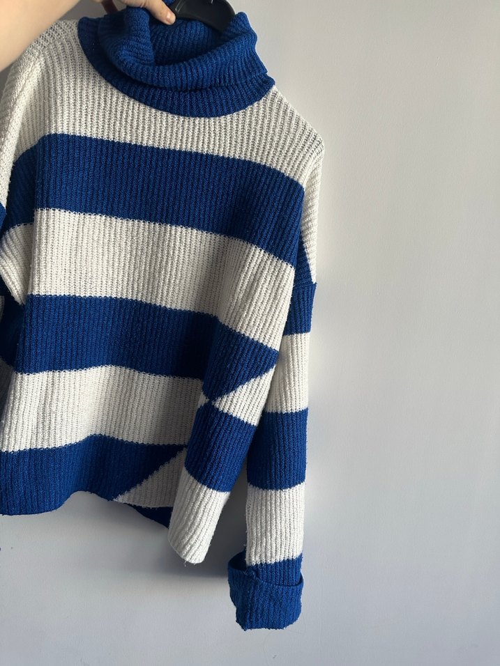 Kadın Mavi Gri Çizgili Boğazlı Triko Kazak - Görsel 3