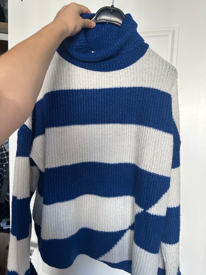 Kadın Mavi Gri Çizgili Boğazlı Triko Kazak - Görsel 2