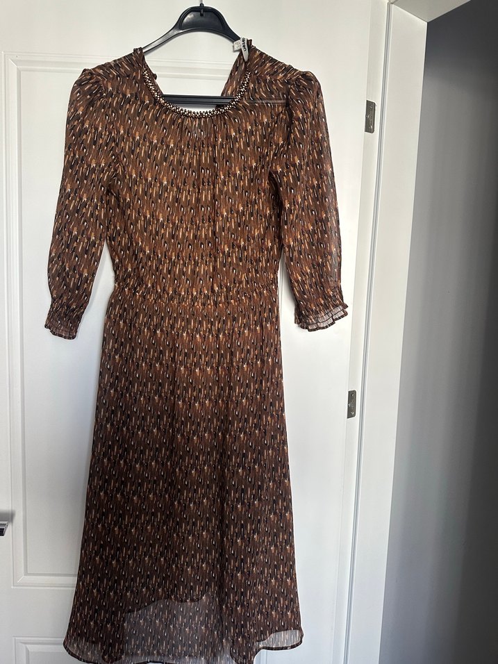 Bohem Midi Elbise, Yılan Desenli, Pilili, V Yakalı - Görsel 2