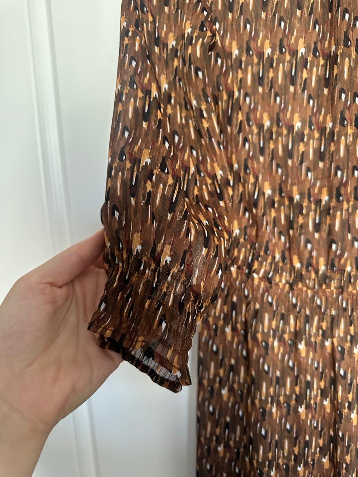 Bohem Midi Elbise, Yılan Desenli, Pilili, V Yakalı - Görsel 4