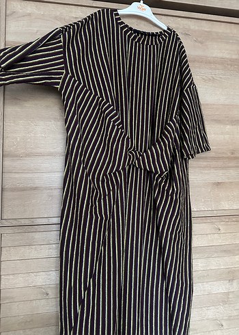 Çizgili Pilili Kadın Uzun hamile Elbise - Görsel 4