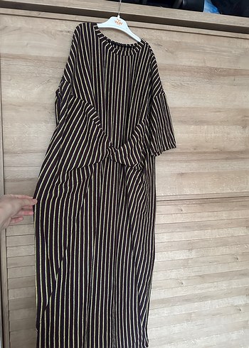 Çizgili Pilili Kadın Uzun hamile Elbise - Görsel 2