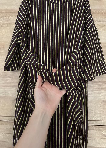 Çizgili Pilili Kadın Uzun hamile Elbise - Görsel 3