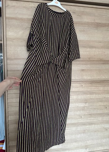 Çizgili Pilili Kadın Uzun hamile Elbise - Görsel 6