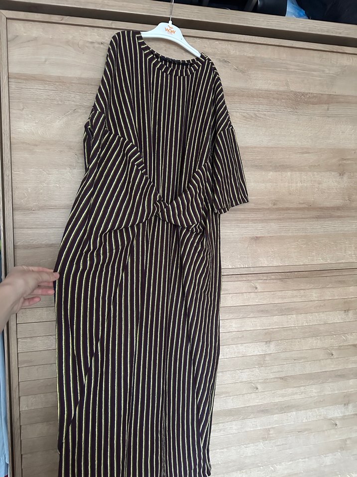 Çizgili Pilili Kadın Uzun hamile Elbise - Görsel 2