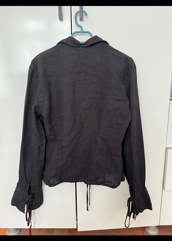 Siyah V Yaka Keten Gömlek - Görsel 4