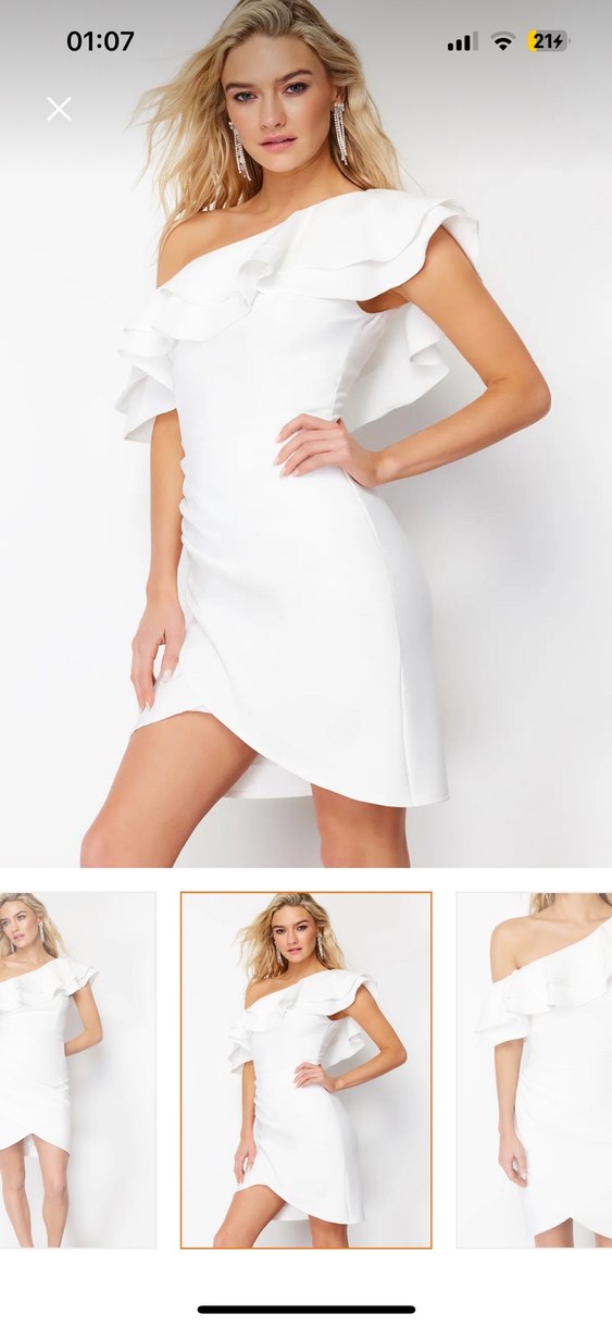 Beyaz Drapeli asimetrik Yaka Mini Elbise - Görsel 5