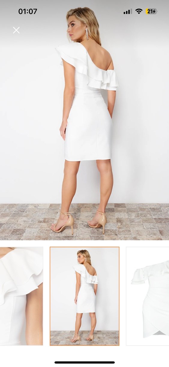 Beyaz Drapeli asimetrik Yaka Mini Elbise - Görsel 4
