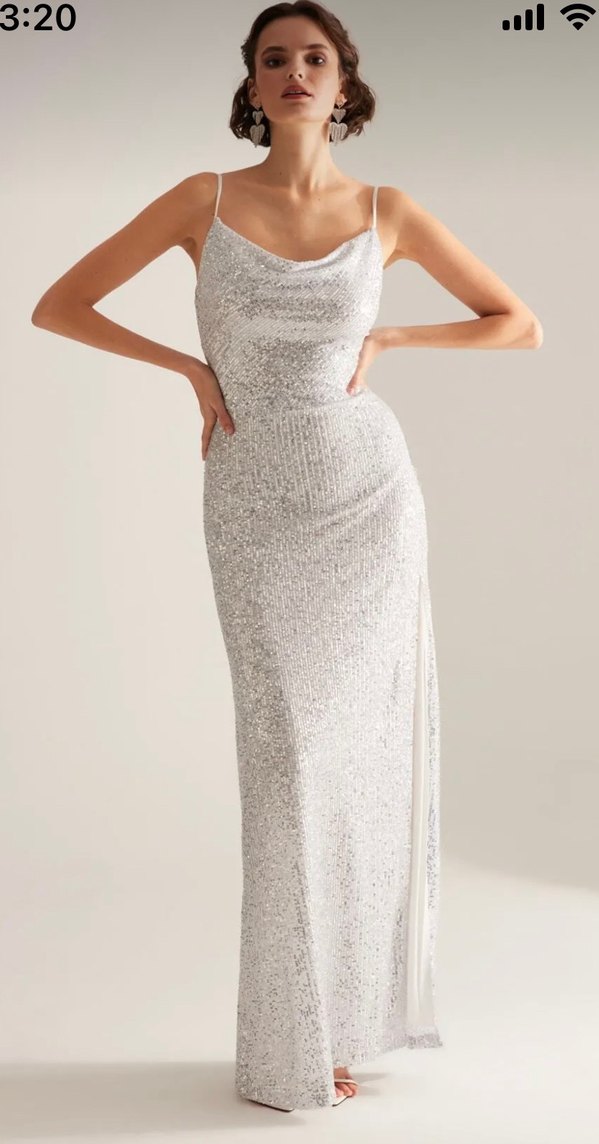 Betty sam marka gümüş Parlak Askılı Uzun Drapeli Elbise - Görsel 4