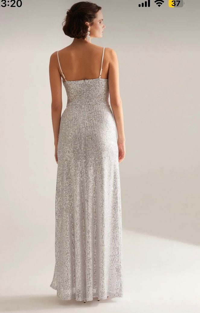 Betty sam marka gümüş Parlak Askılı Uzun Drapeli Elbise - Görsel 5