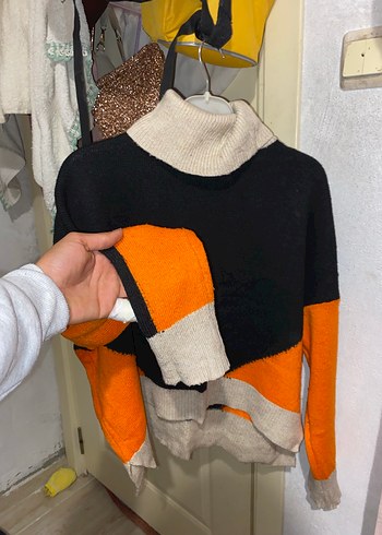 Yüksek Yakalı Renk Bloklu Örgü Kadın Kazak - Görsel 2