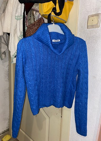 Mavi Parlak Balıkçı Yaka Örgü Kadın Kazak - Görsel 2