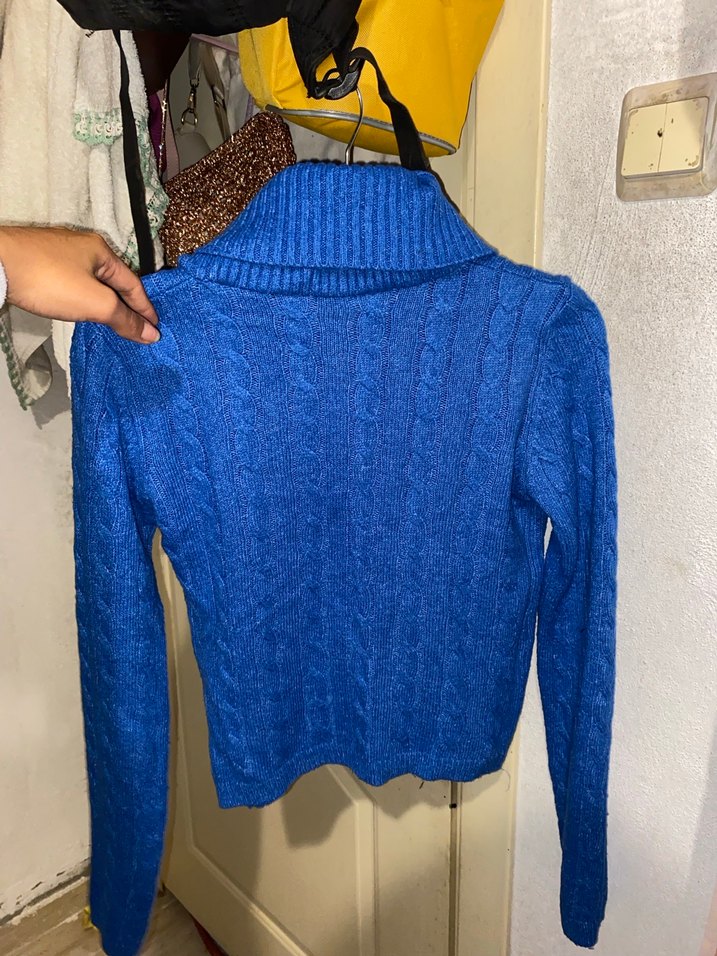 Mavi Parlak Balıkçı Yaka Örgü Kadın Kazak - Görsel 3
