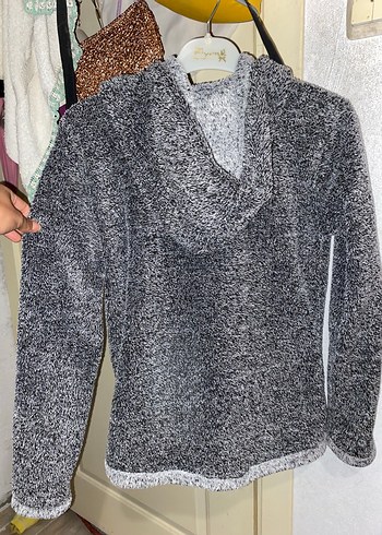 Kapüşonlu Gri Kız Triko Kazak - Görsel 2