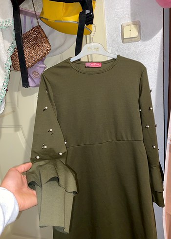Düğmeli Uzun Kollu Haki Uzun Elbise - Görsel 2