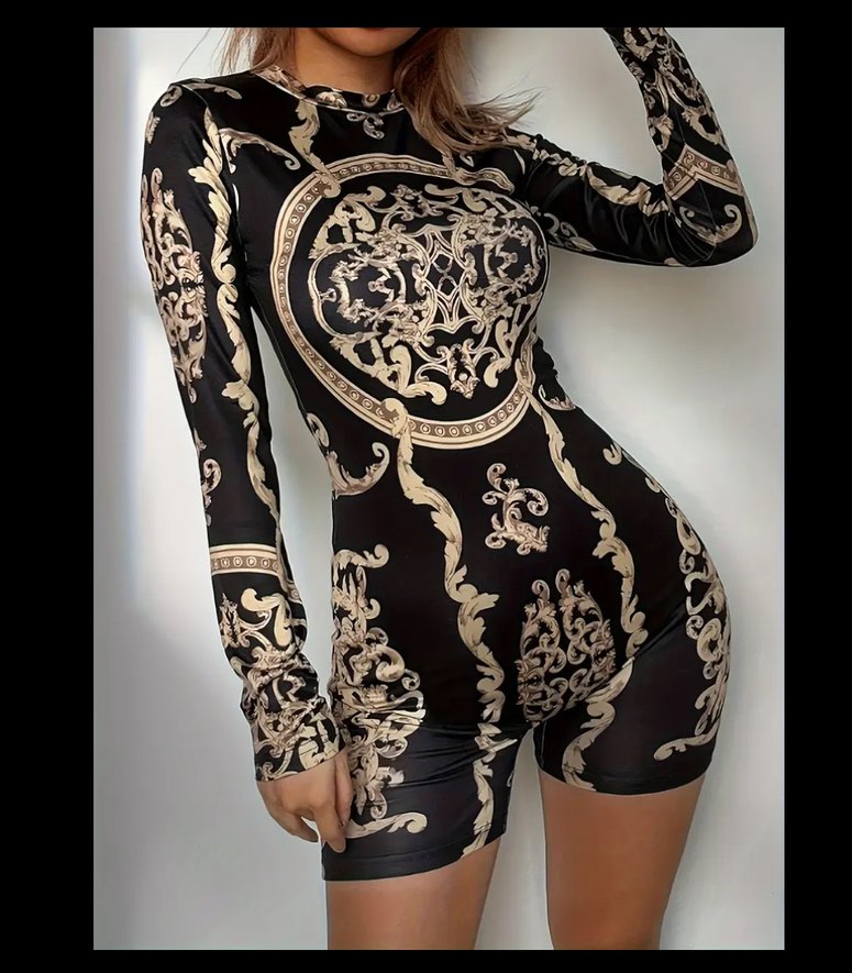 Siyah Desenli Uzun Kollu Mini Tulum - Görsel 2