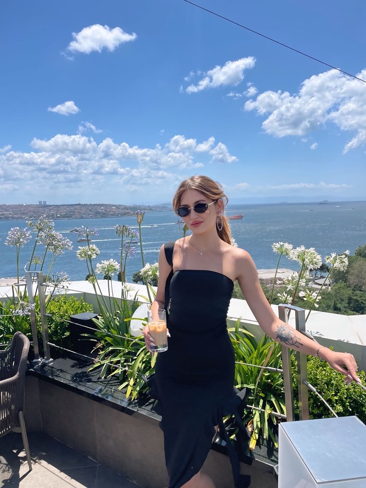 Siyah Straplez Püsküllü Midi Elbise - Görsel 4