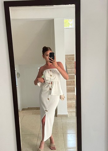 Beyaz Transparan Askılı Uzun Elbise - Görsel 3