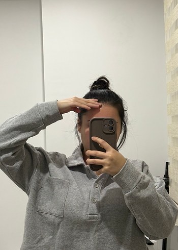 Gri Kadın Polo Yaka Salaş Sweatshirt - Görsel 2