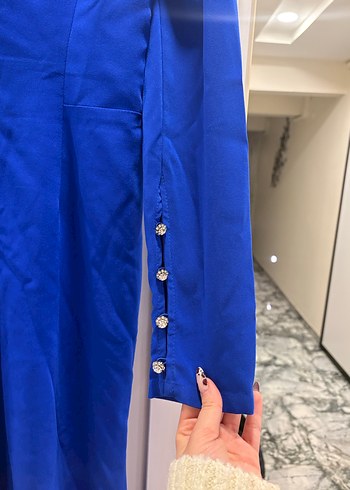 Mavi Drapeli V Yaka Uzun Abiye Elbise - Görsel 4