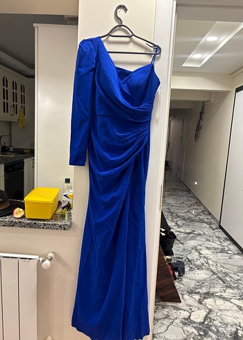 Mavi Drapeli V Yaka Uzun Abiye Elbise - Görsel 2