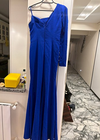 Mavi Drapeli V Yaka Uzun Abiye Elbise - Görsel 3