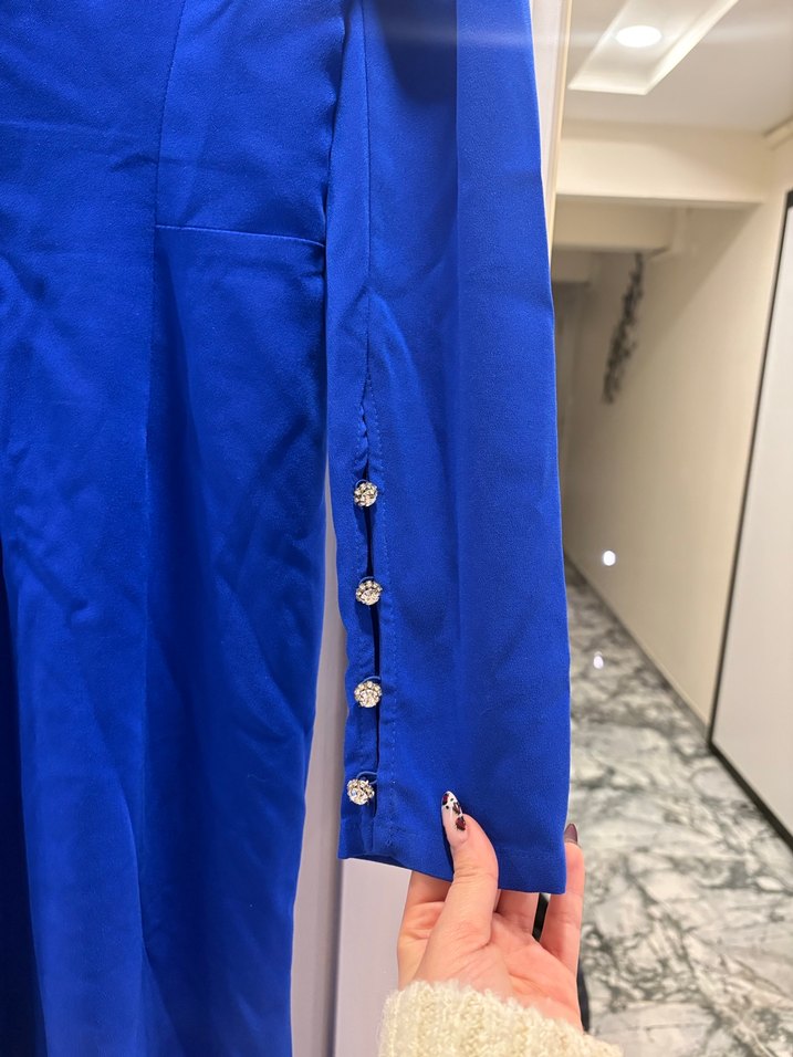 Mavi Drapeli V Yaka Uzun Abiye Elbise - Görsel 4