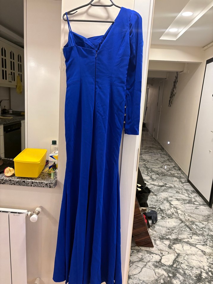 Mavi Drapeli V Yaka Uzun Abiye Elbise - Görsel 3