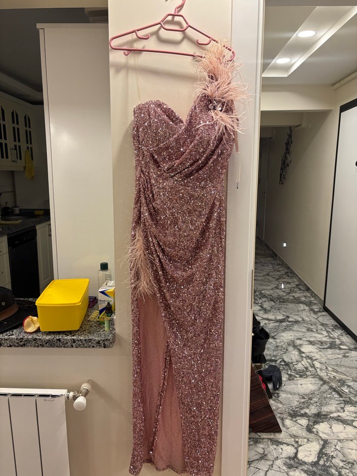 Işıltılı Askılı Straplez Uzun Abiye Elbise - Görsel 3