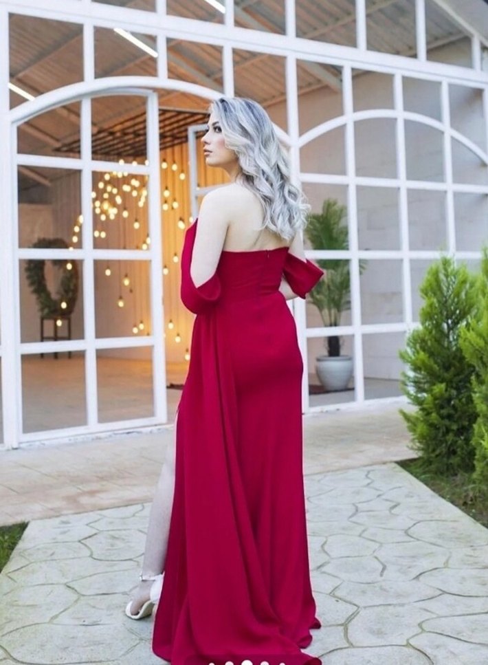 Kırmızı Drapeli Straplez Abiye - Görsel 5