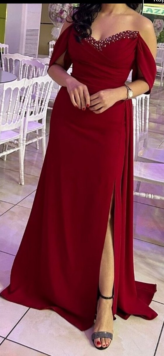 Kırmızı Drapeli Straplez Abiye - Görsel 4