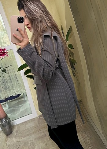 Gri Çizgili Kemerli Kadın Blazer Ceket - Görsel 4