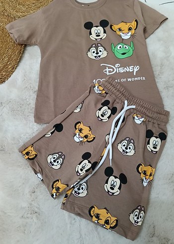 3 Yaş Beden kahverengi Renk Disney Baskılı Kahverengi Erkek Kısa Pijama Takımı
