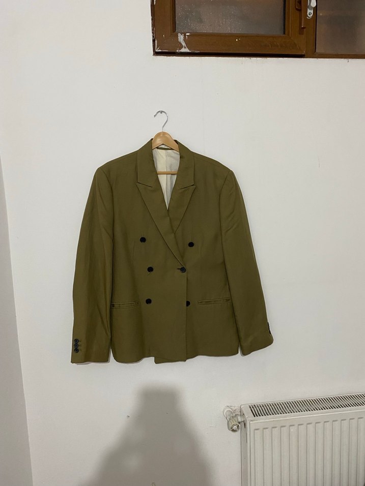 Bej Düğmeli Kadın Erkek Keten Blazer Ceket - Görsel 2