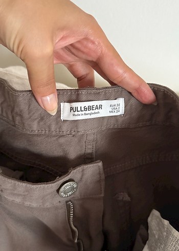Pull and Bear Kahverengi Loose Fit Keten Kargo Pantolon