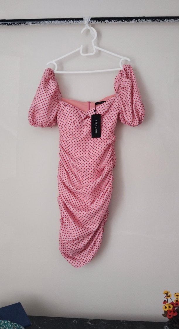 Puantiyeli Pembe Drapeli Mini Elbise - Görsel 2