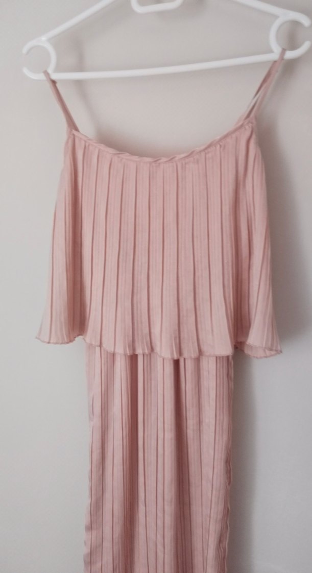 Pembe Piliseli Uzun Askılı Kadın Elbise - Görsel 3