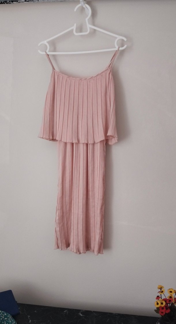 Pembe Piliseli Uzun Askılı Kadın Elbise - Görsel 2