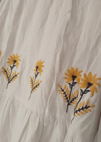 Nakışlı Beyaz Uzun Keten Elbise - Görsel 5