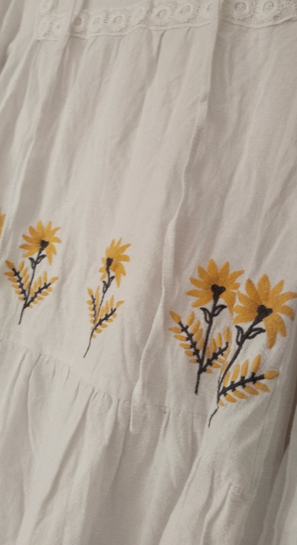 Nakışlı Beyaz Uzun Keten Elbise - Görsel 5