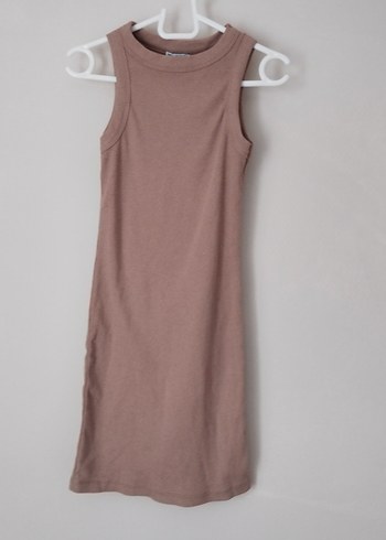 Bershka Bej Kolsuz Midi Keten Elbise