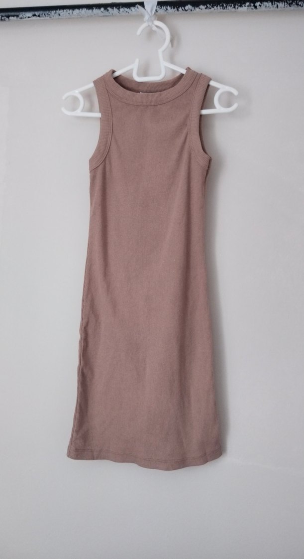 Bej Kolsuz Midi Keten Elbise - Görsel 3