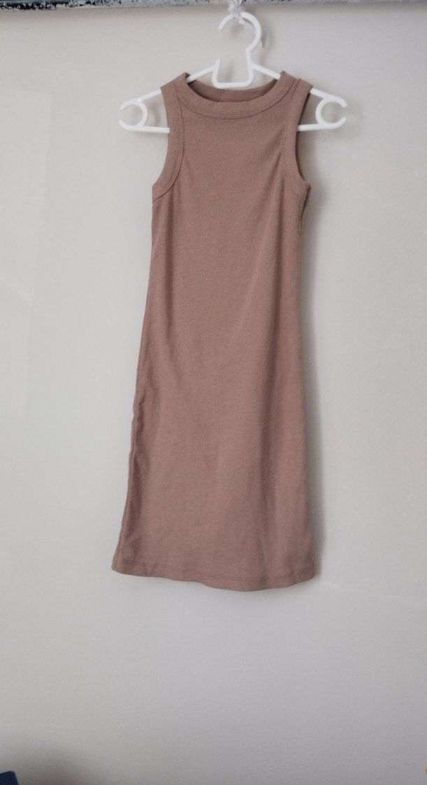 Bej Kolsuz Midi Keten Elbise - Görsel 2