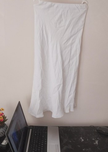 Beyaz Keten Midi Drapeli Kadın Etek - Görsel 4