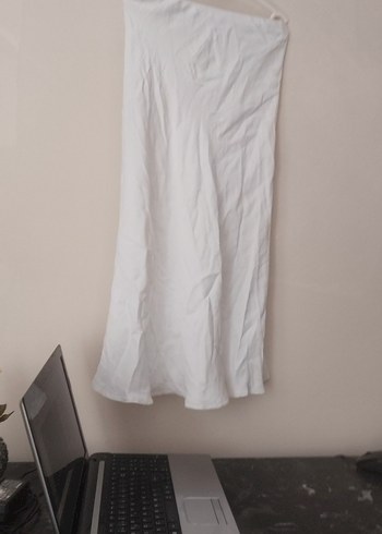 Beyaz Keten Midi Drapeli Kadın Etek - Görsel 3