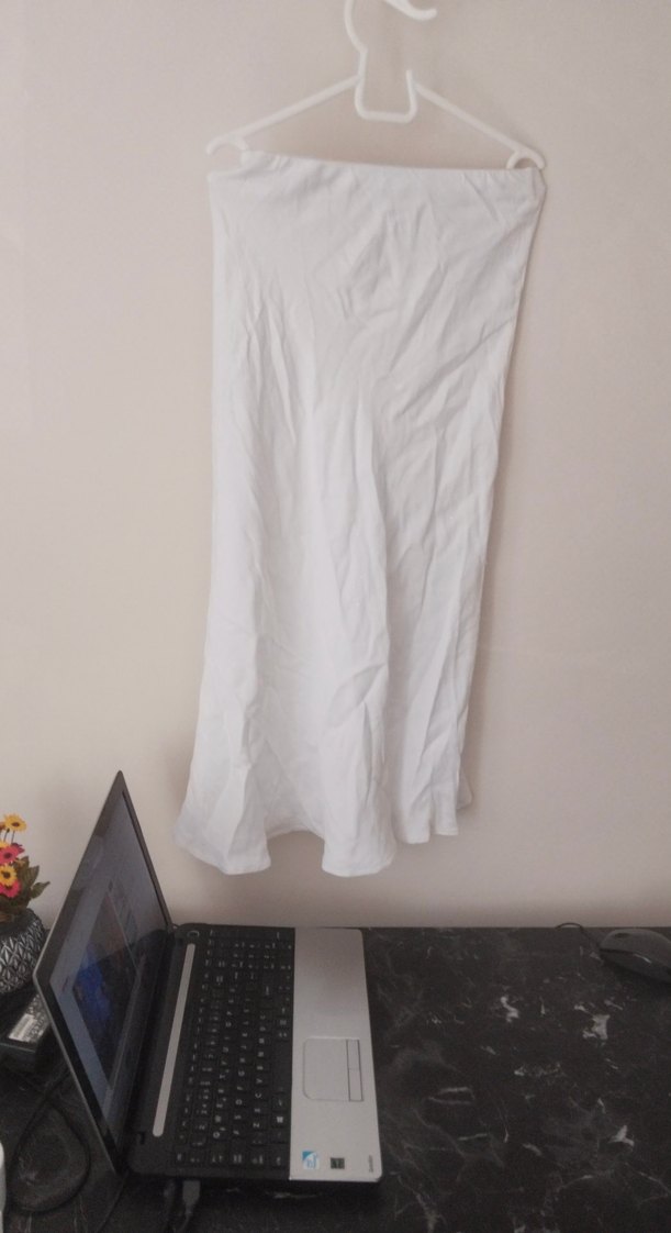 Beyaz Keten Midi Drapeli Kadın Etek - Görsel 4